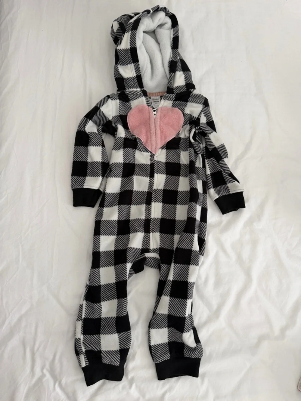 Black & White Buffalo Plaid Kids One-Piece with Pink Heart baby 12-18months